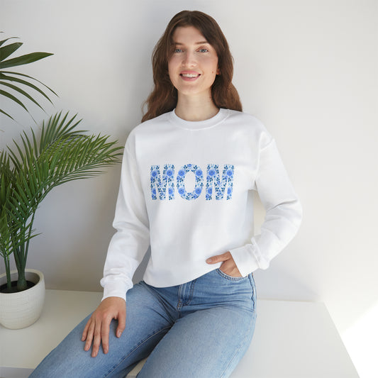MOM Blue Flower Letters Crewneck Sweatshirt