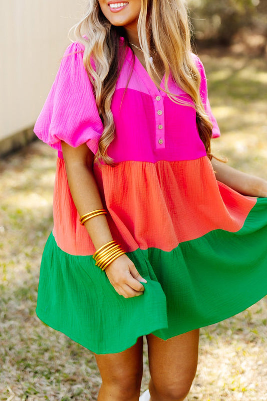 Lizzie Color Block Tiered Puff Sleeve Dress