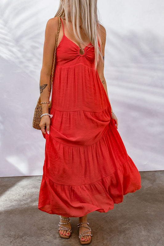 Rebecca Fiery Red O-ring Smocked Back Spaghetti Straps Tiered Maxi Dress